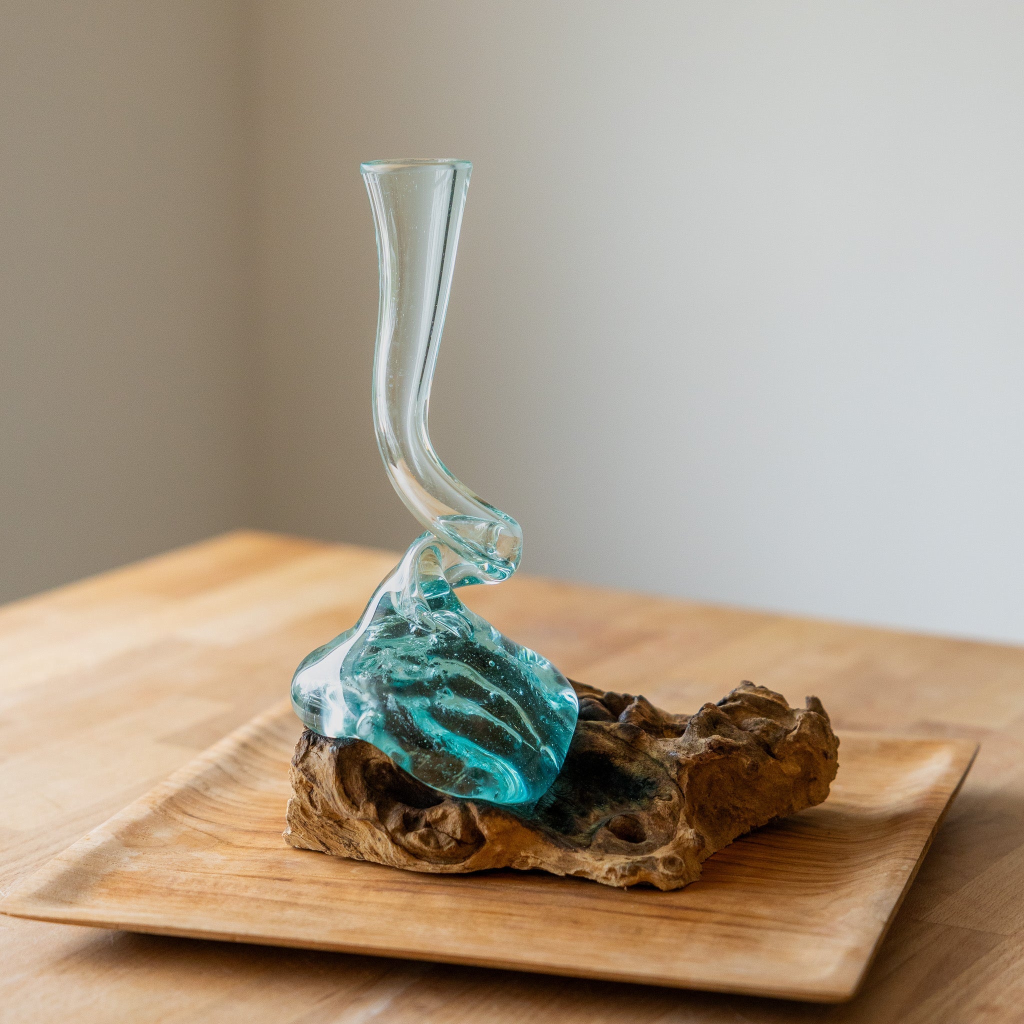 Twisty Molten Glass Skinny Vase on Gamal Root Base