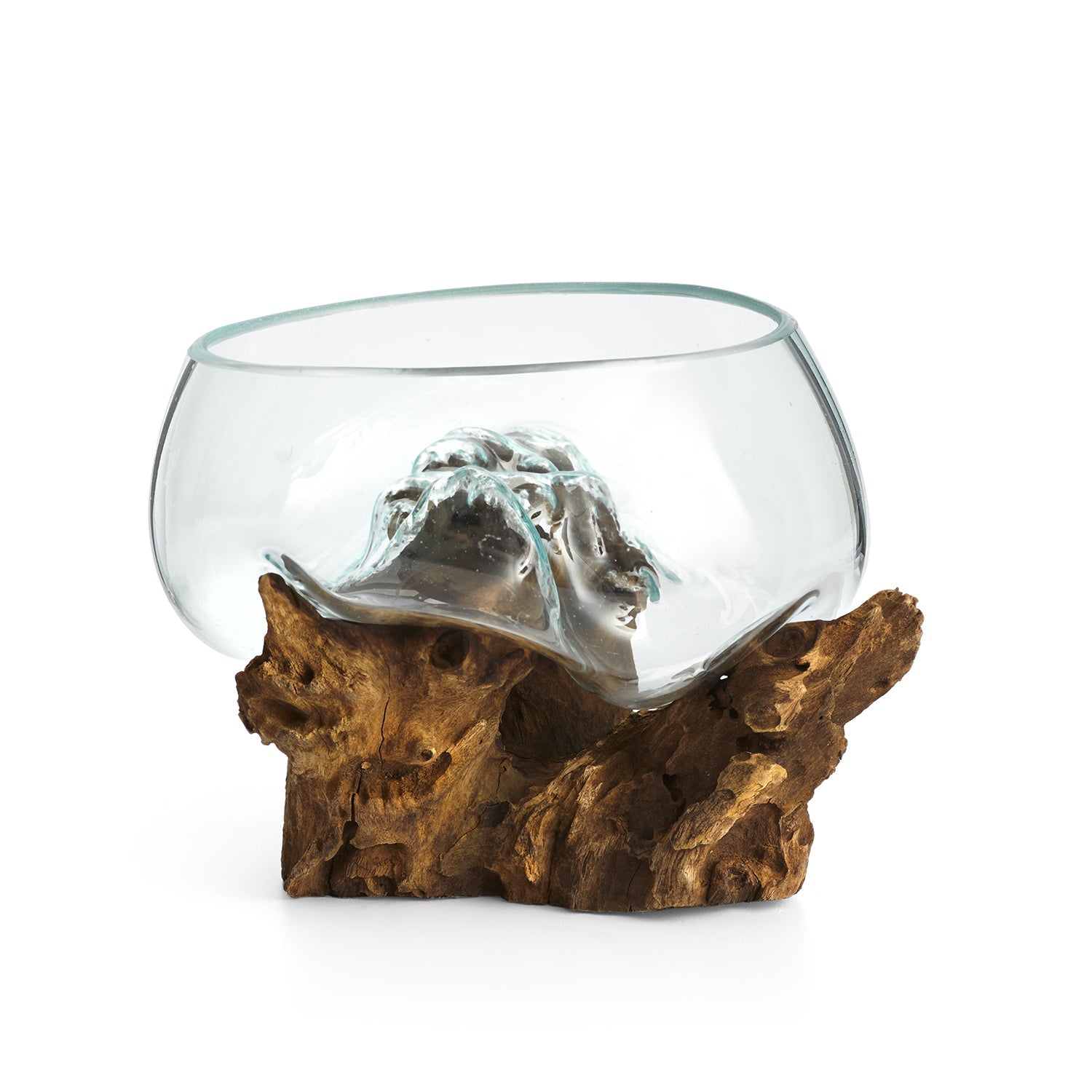 Open Mouth Molten Glass Bowl on Gamal Wood Base - 6 Sizes