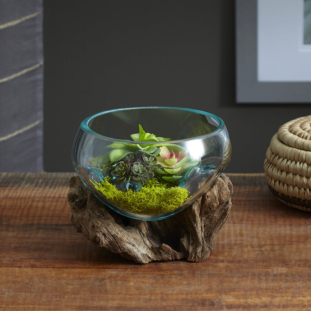 Open Mouth Molten Glass Bowl on Gamal Wood Base - 6 Sizes