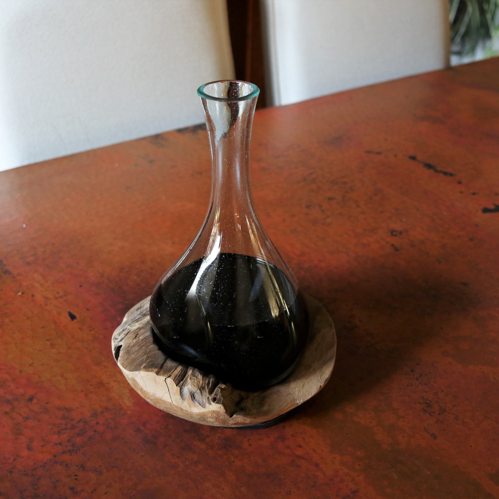 Hand Blown Glass Vase & Decanter on Teak Wood Base