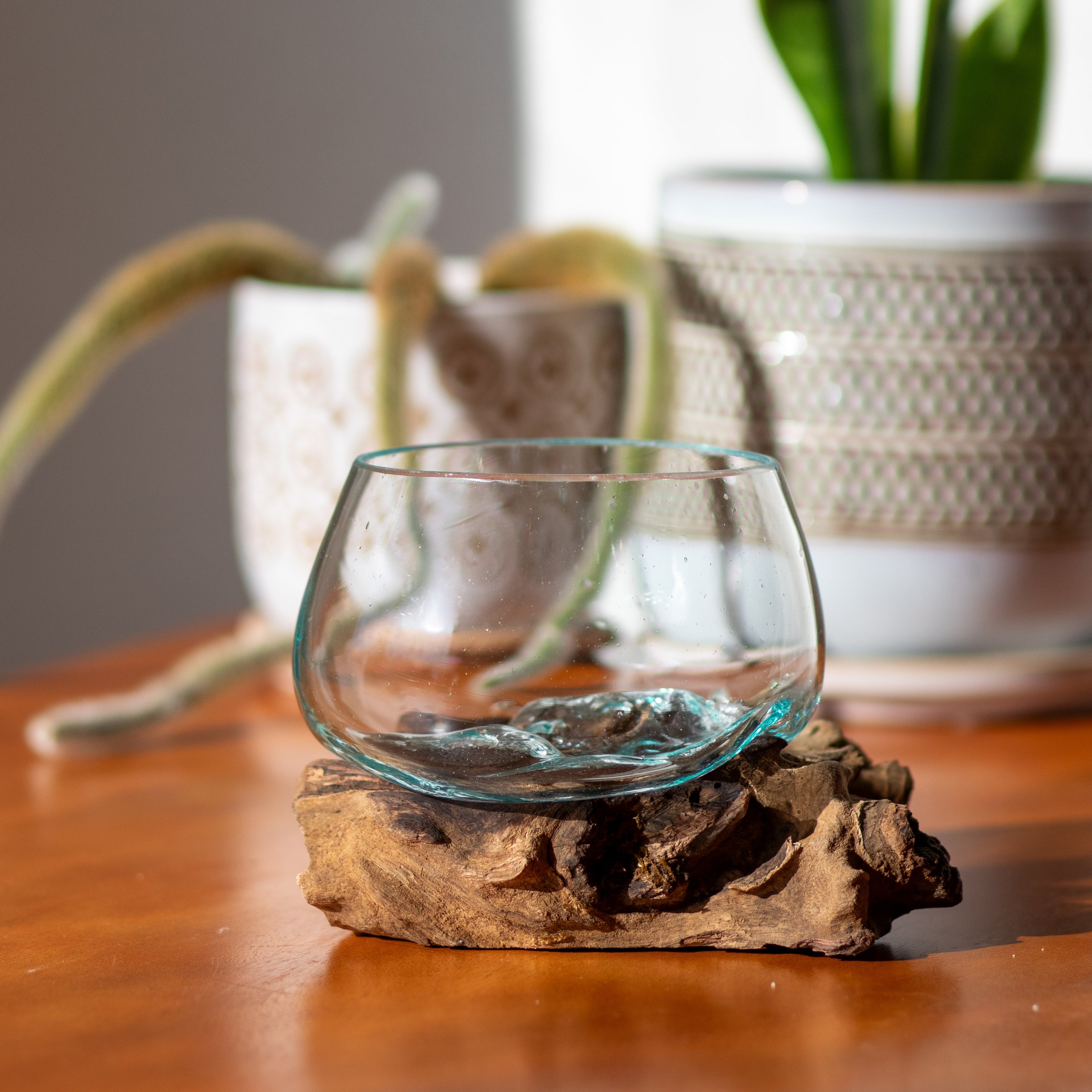 Open Mouth Molten Glass Bowl on Gamal Wood Base - 6 Sizes