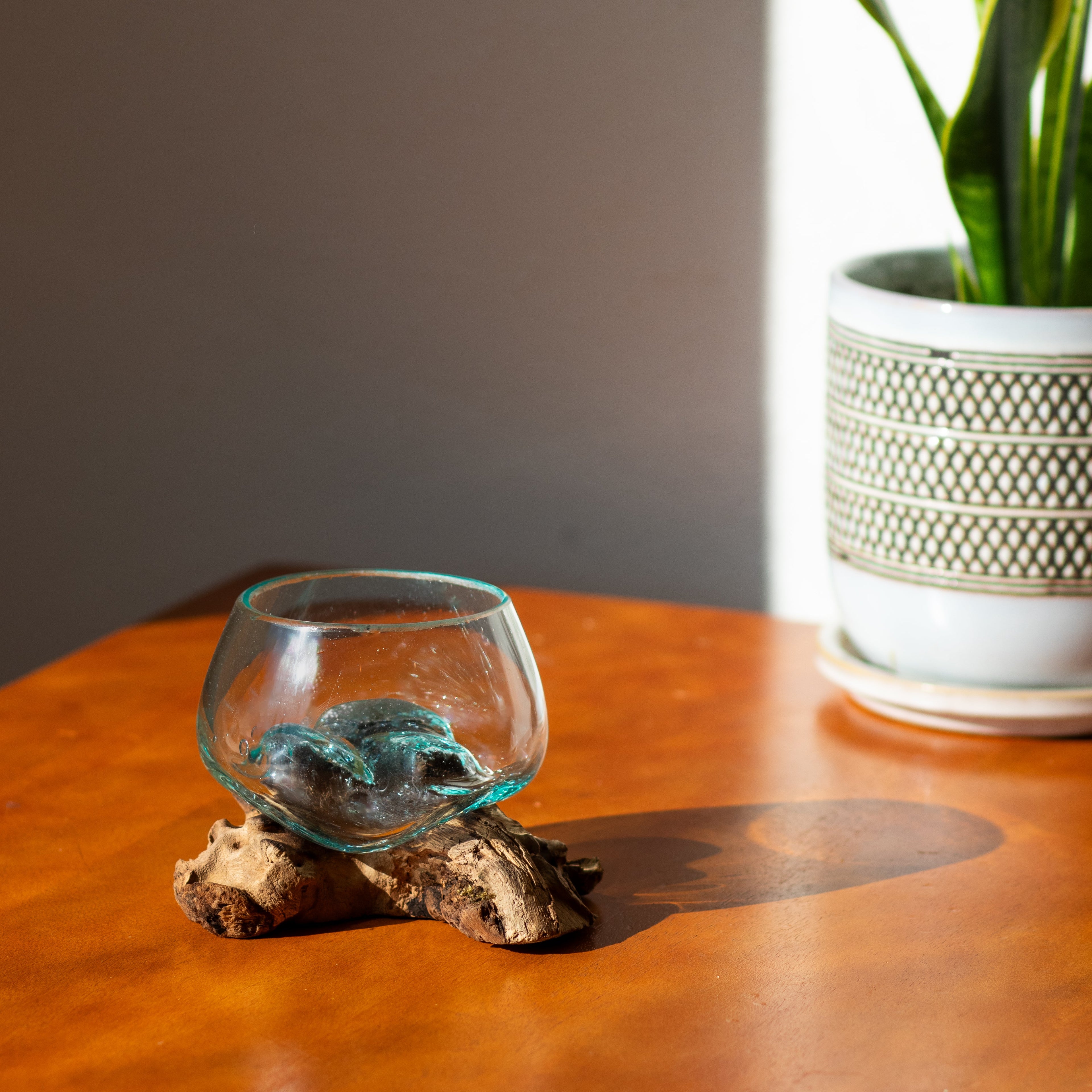 Open Mouth Molten Glass Bowl on Gamal Wood Base - 6 Sizes