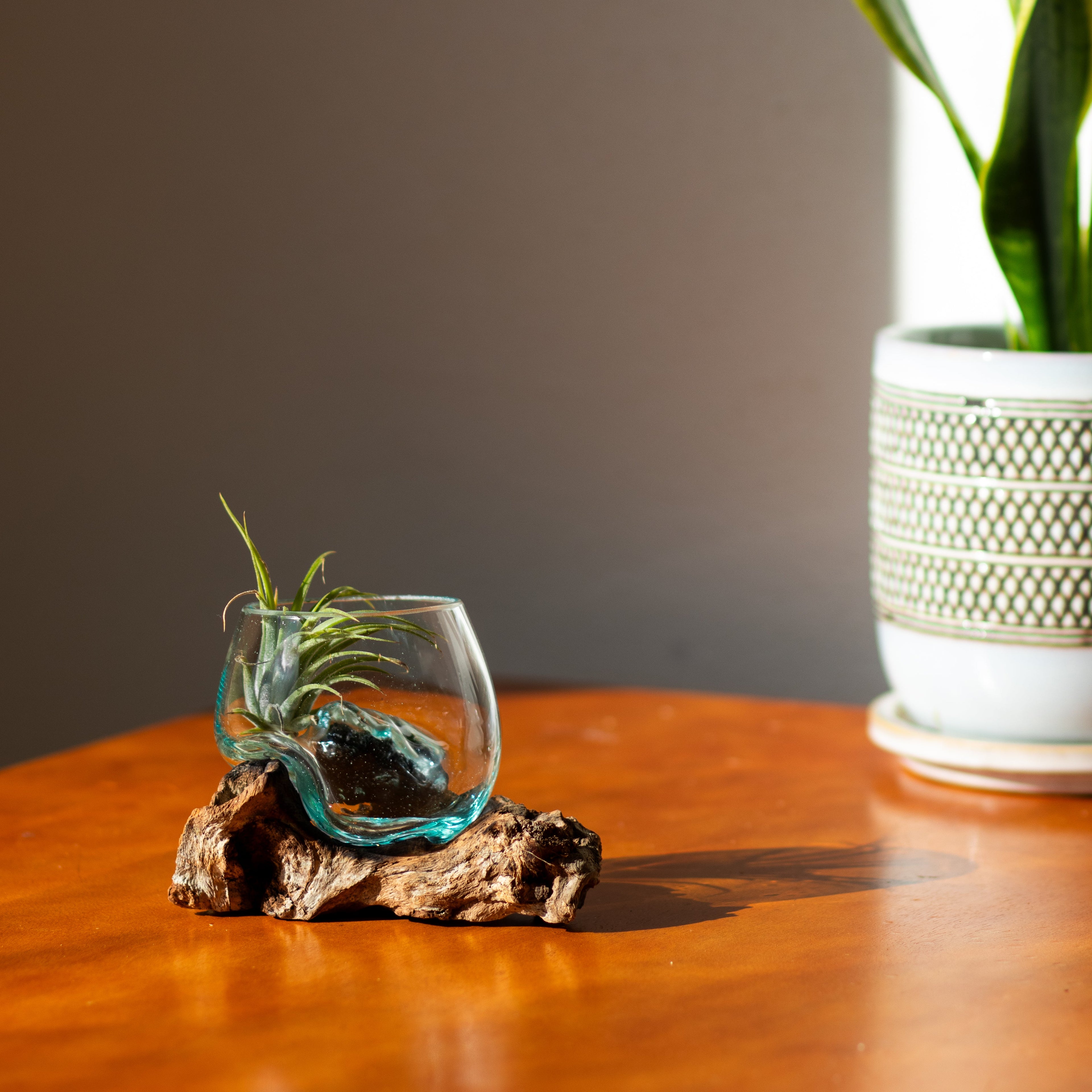 Open Mouth Molten Glass Bowl on Gamal Wood Base - 6 Sizes