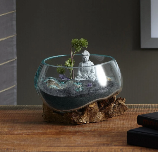 Open Mouth Molten Glass Bowl on Gamal Wood Base - 6 Sizes