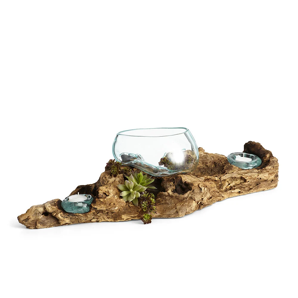 Open Mouth Molten Glass Bowl on Gamal Root Base with Candleholders